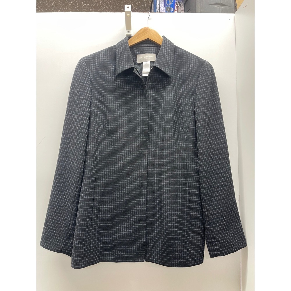 Liz Claiborne Collection Gray Grid Windowpane Zip Up Blazer Jacket Sz 10